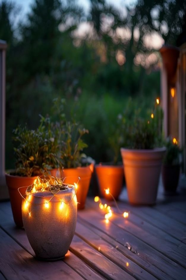 An outdoor evening scene showing a collection of pots on a deck One large pot has delicate solar-powered fairy lights wr