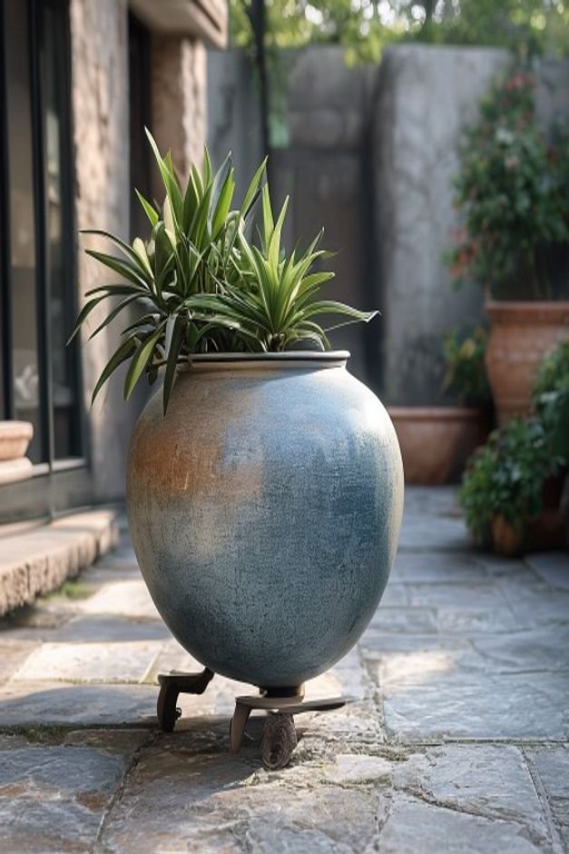 A large heavy ceramic planter painted a muted blue is easily being rolled across a stone patio on sturdy discreet caster