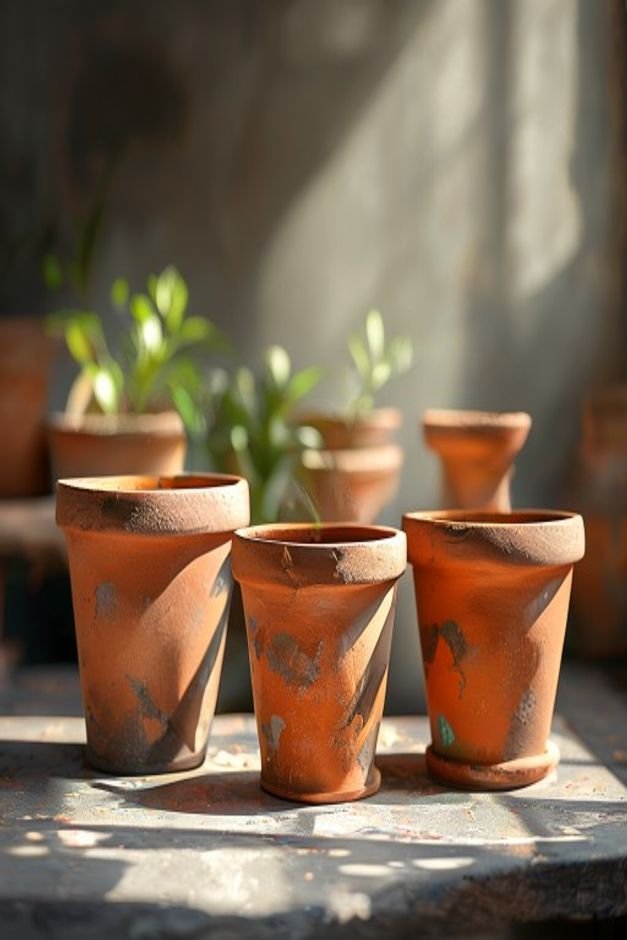 Close-up shot of a set of three terracotta pots each updated with a different paint technique one with a matte charcoal