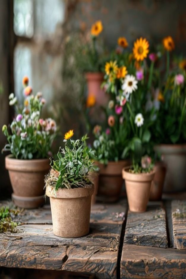 A collection of small to medium-sized flower pots on a rustic wooden bench One pot is neatly wrapped in natural jute rop