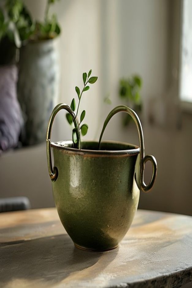 A sturdy medium-sized ceramic planter painted in a deep olive green featuring two small antique-bronze decorative handle