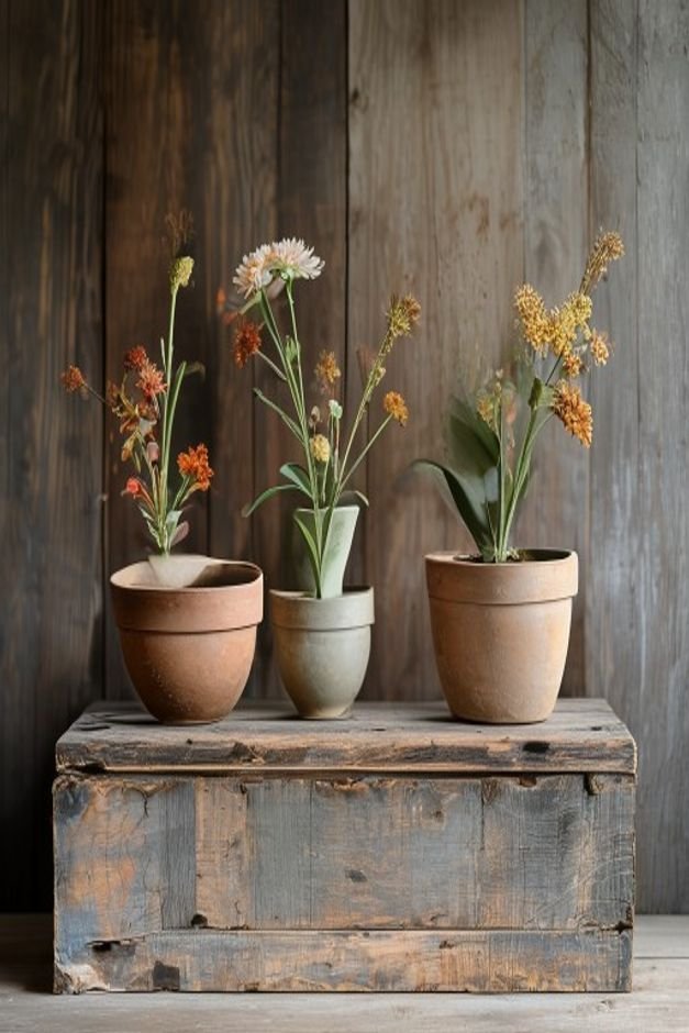 A visually harmonious grouping of three flower pot crafts of varying heights on a weathered wooden crate A tall slender
