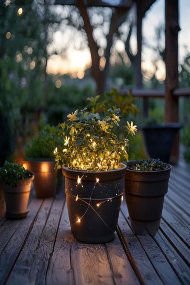 An outdoor evening scene showing a collection of pots on a deck One large pot has delicate solar-powered fairy lights wr