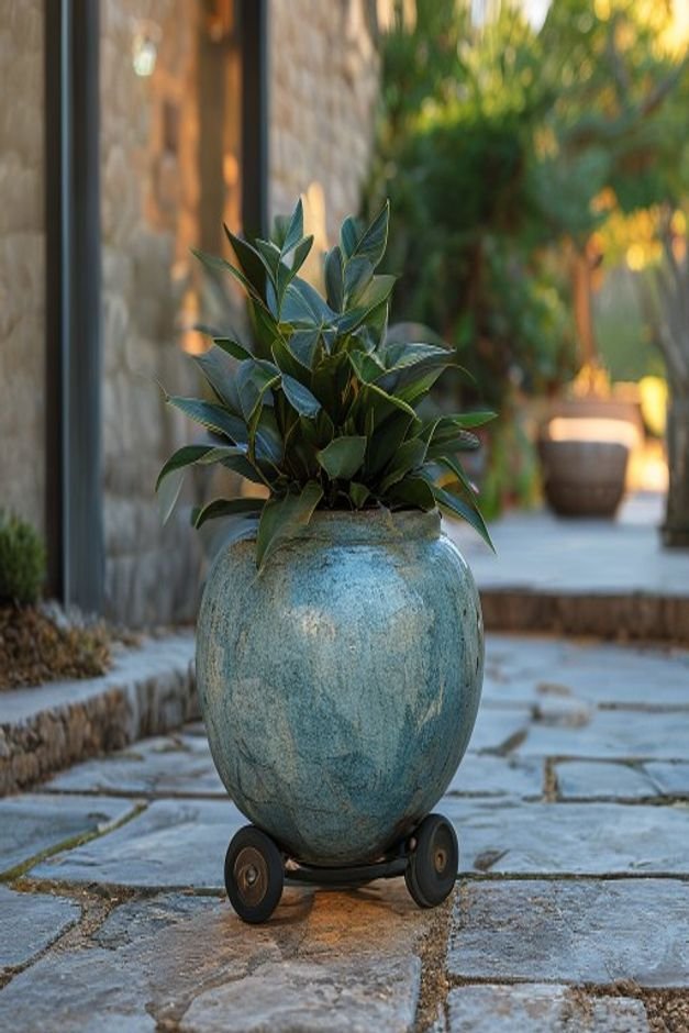 A large heavy ceramic planter painted a muted blue is easily being rolled across a stone patio on sturdy discreet caster