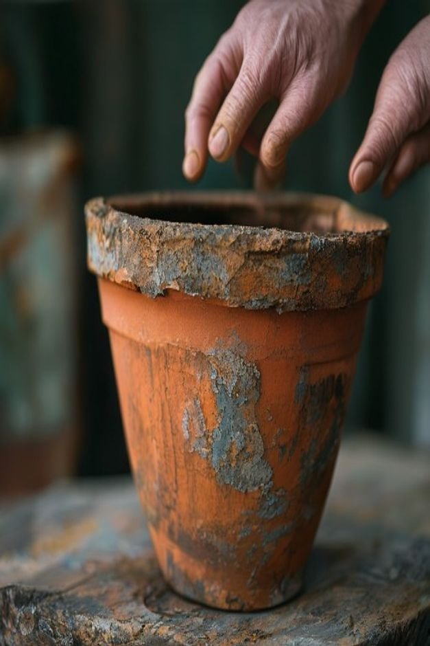 Close-up of a terracotta pot undergoing a faux aged finish process showing layers of paint and distressing Hands are gen