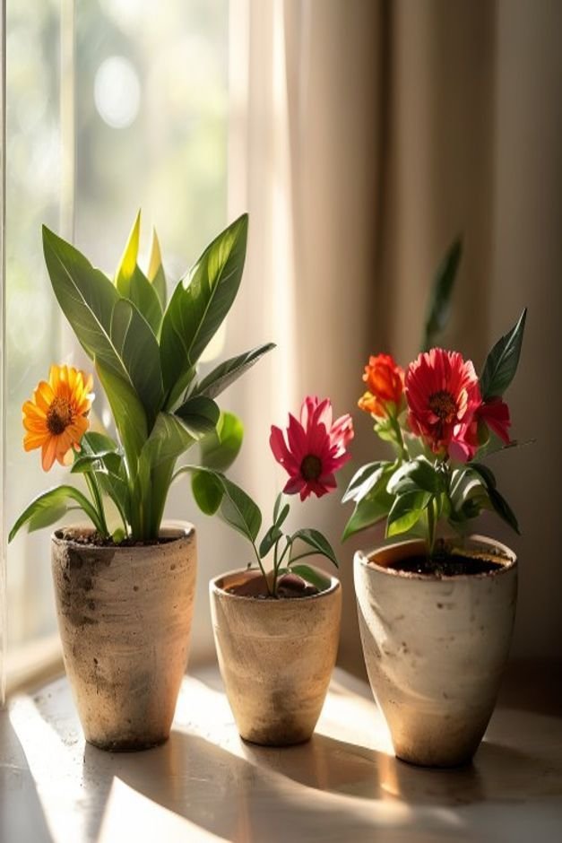 A trio of contrasting flower pot crafts each with a different plant that complements its style One pot might be a rustic