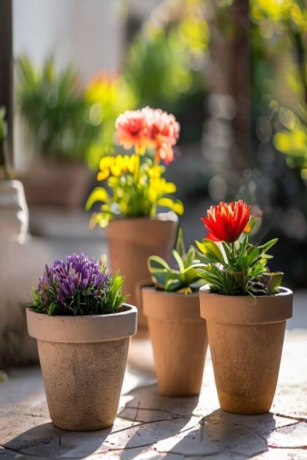 An outdoor vignette featuring three flower pot crafts of varying heights and sizes strategically placed to create visual