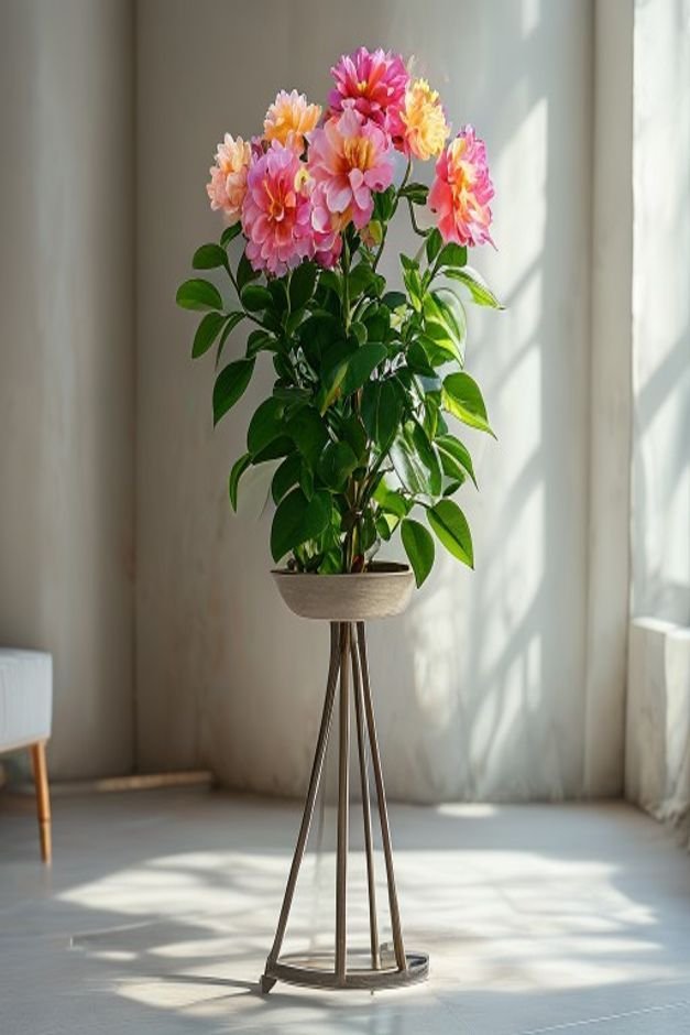 A sturdy modern metal plant stand holding a beautifully crafted flower pot with a vibrant flowering plant The stand elev