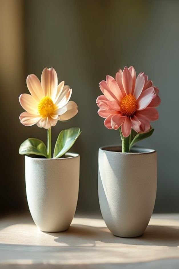 A close-up shot of two flower pot crafts side-by-side demonstrating material contrast One pot is a smooth matte ceramic