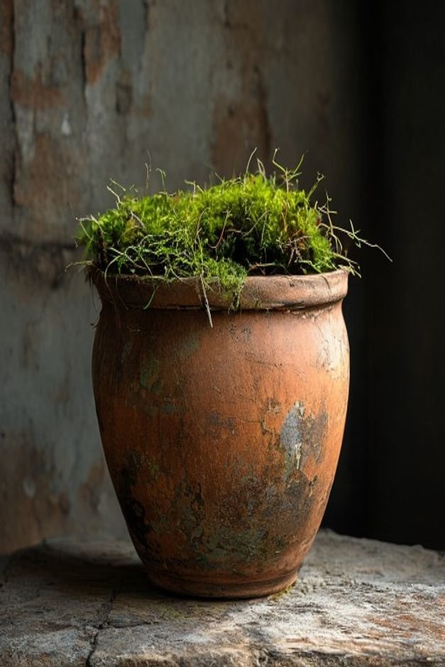 An artfully distressed terracotta pot with a rich weathered patina showcasing an intentional aging technique Moss or lic