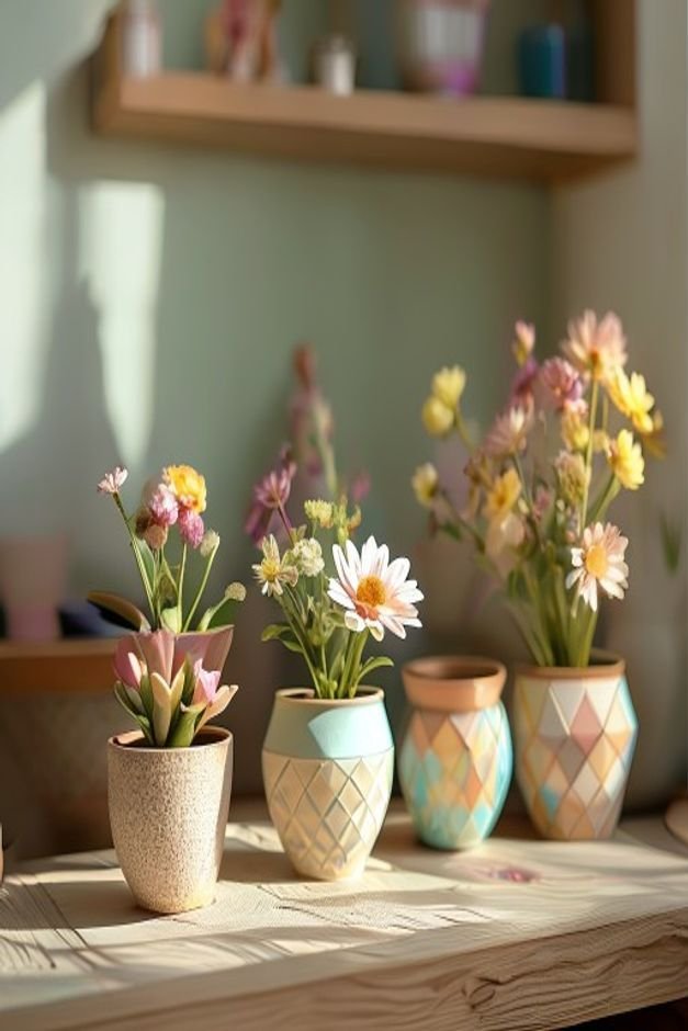 A small collection of flower pot crafts unified by a subtle theme such as geometric patterns in a limited color palette