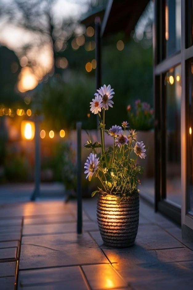 An outdoor patio corner at dusk with a beautifully lit flower pot craft A small solar-powered spotlight or a string of f