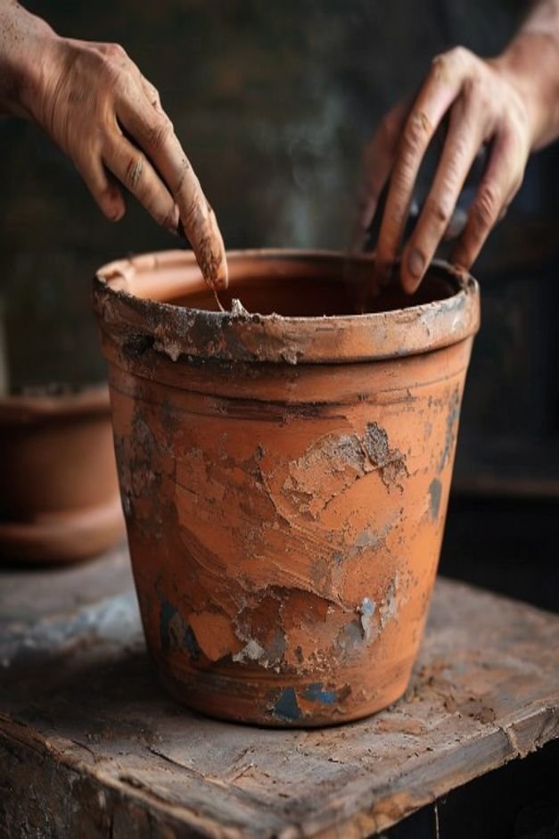 Close-up of a terracotta pot undergoing a faux aged finish process showing layers of paint and distressing Hands are gen