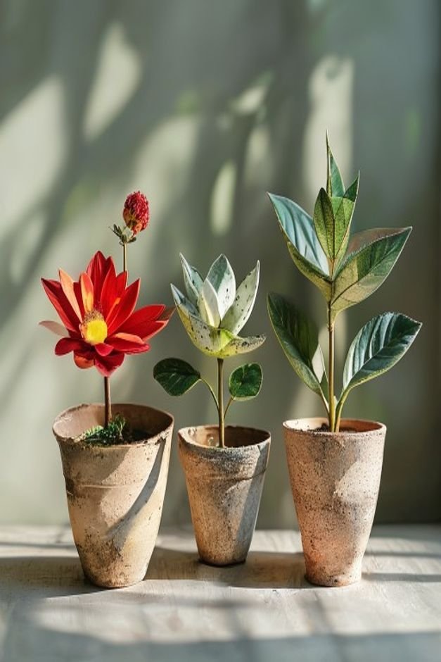 A trio of contrasting flower pot crafts each with a different plant that complements its style One pot might be a rustic