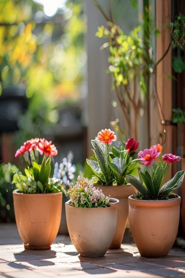 An outdoor vignette featuring three flower pot crafts of varying heights and sizes strategically placed to create visual