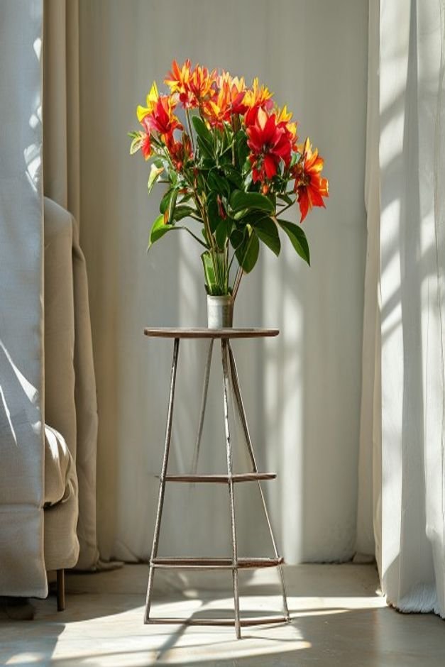 A sturdy modern metal plant stand holding a beautifully crafted flower pot with a vibrant flowering plant The stand elev