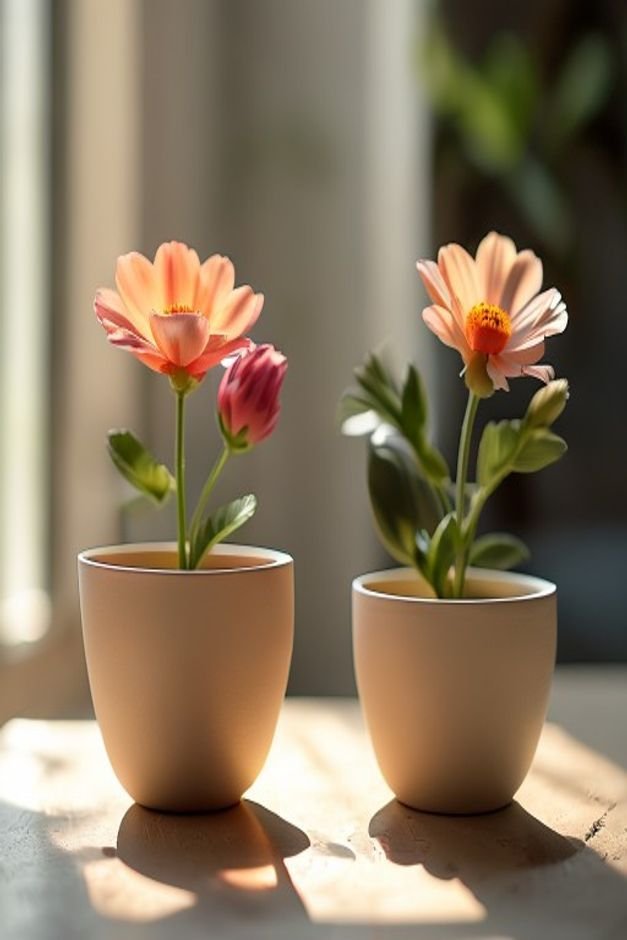 A close-up shot of two flower pot crafts side-by-side demonstrating material contrast One pot is a smooth matte ceramic