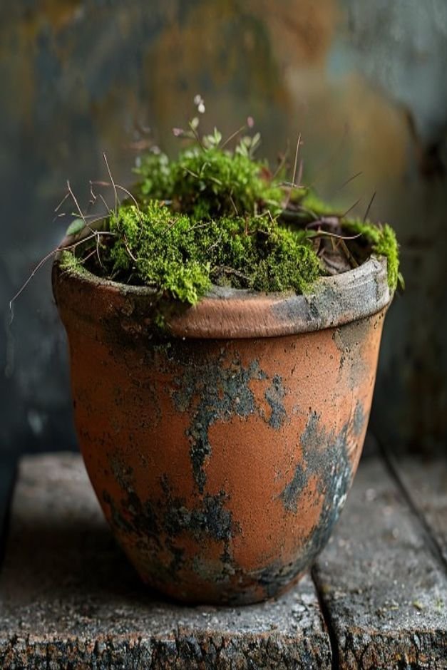 An artfully distressed terracotta pot with a rich weathered patina showcasing an intentional aging technique Moss or lic