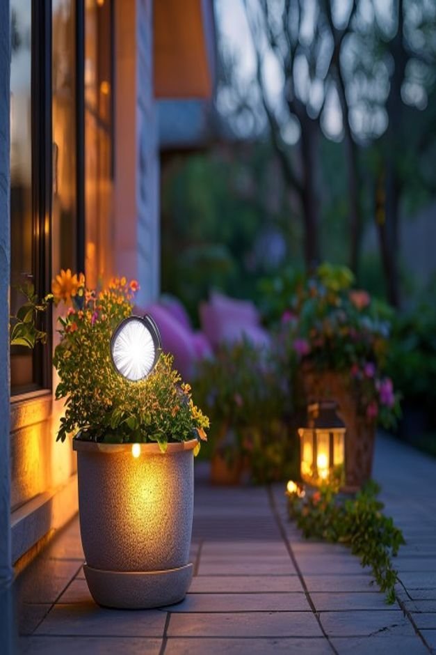 An outdoor patio corner at dusk with a beautifully lit flower pot craft A small solar-powered spotlight or a string of f