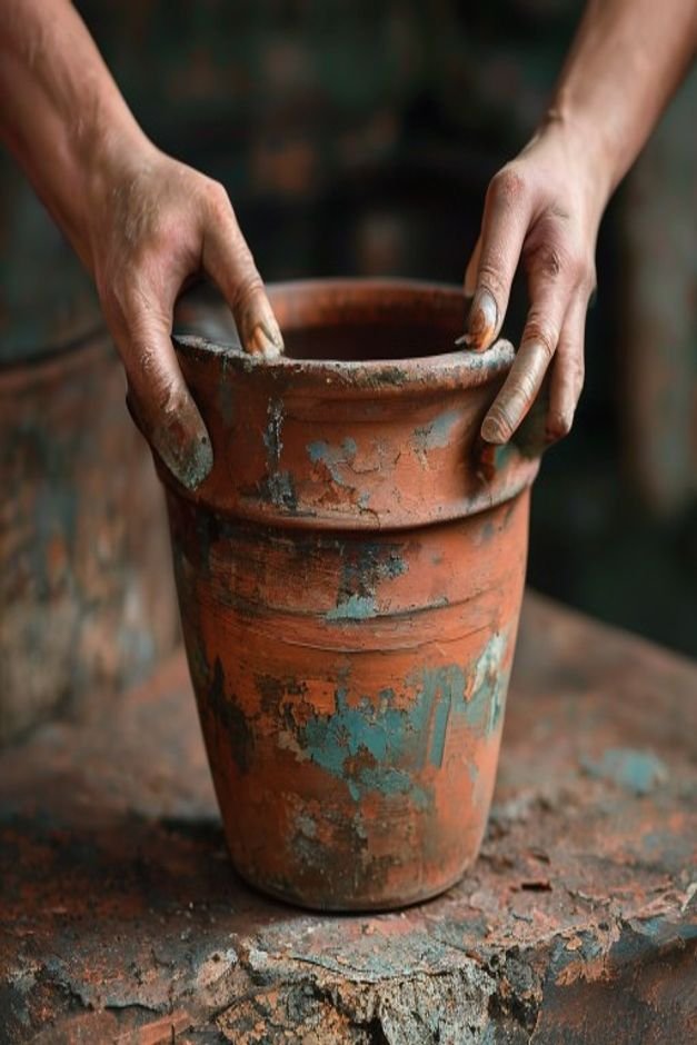 Close-up of a terracotta pot undergoing a faux aged finish process showing layers of paint and distressing Hands are gen