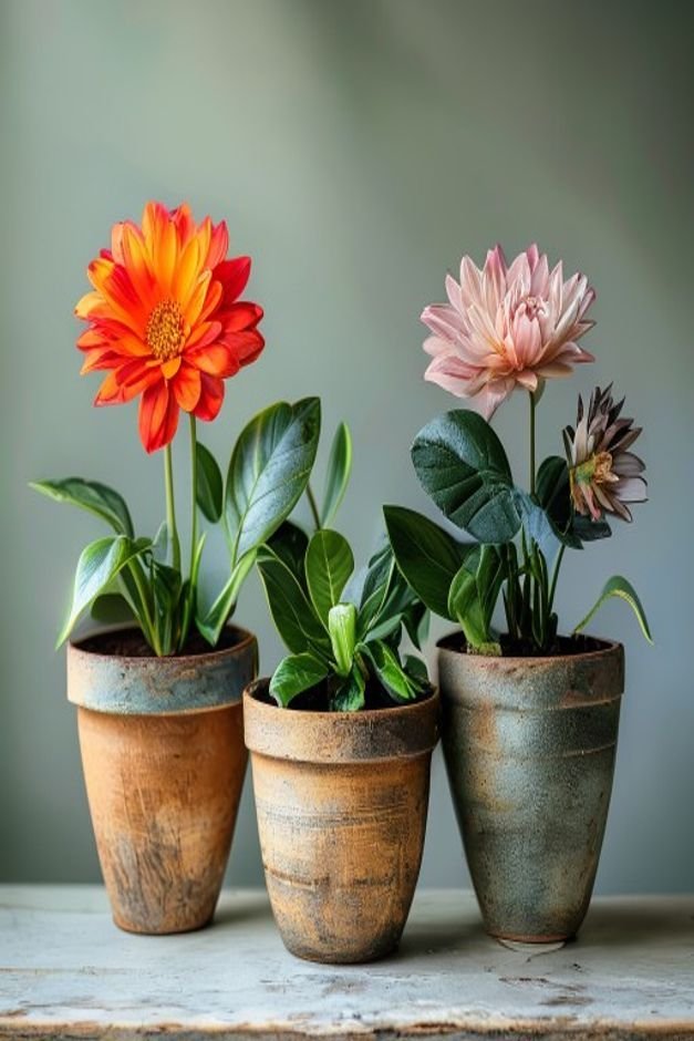 A trio of contrasting flower pot crafts each with a different plant that complements its style One pot might be a rustic