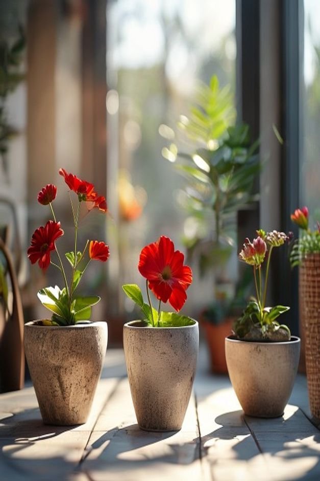 An outdoor vignette featuring three flower pot crafts of varying heights and sizes strategically placed to create visual
