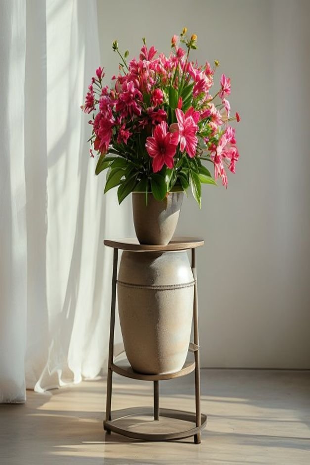 A sturdy modern metal plant stand holding a beautifully crafted flower pot with a vibrant flowering plant The stand elev