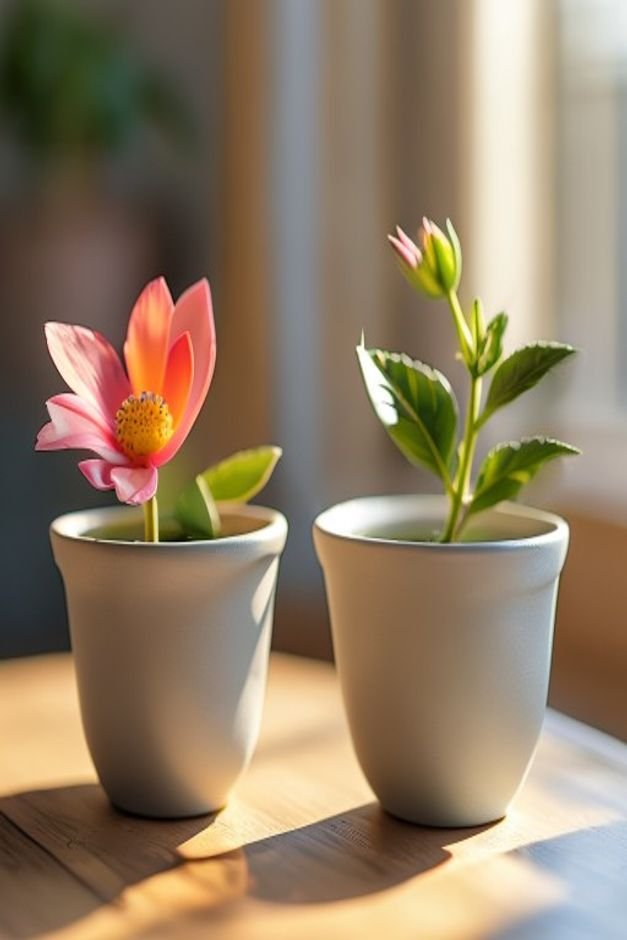 A close-up shot of two flower pot crafts side-by-side demonstrating material contrast One pot is a smooth matte ceramic