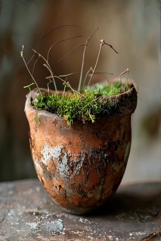 An artfully distressed terracotta pot with a rich weathered patina showcasing an intentional aging technique Moss or lic