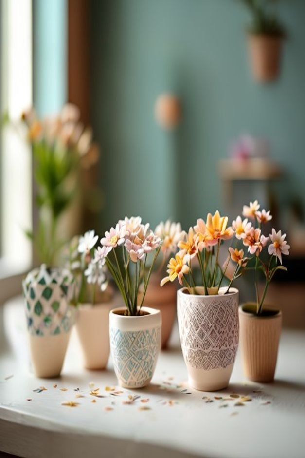 A small collection of flower pot crafts unified by a subtle theme such as geometric patterns in a limited color palette