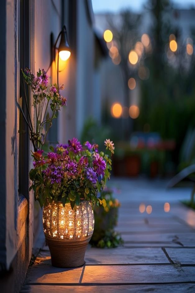 An outdoor patio corner at dusk with a beautifully lit flower pot craft A small solar-powered spotlight or a string of f