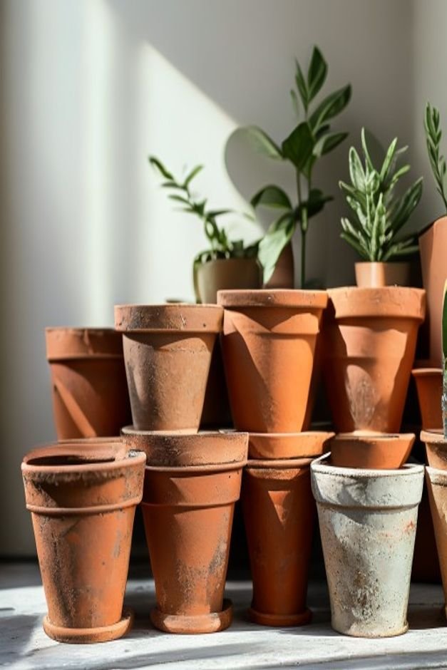 Close-up editorial photo of a stack of clean new terracotta pots in various sizes some with a subtle primer coating visi