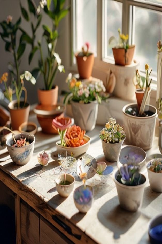 Overhead editorial shot of a work surface with various flower pot crafts in progress One pot features a subtle stenciled