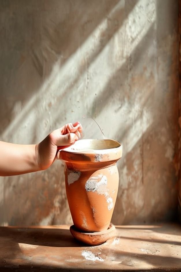 Editorial photo focusing on a hand applying a light white paint wash to a terracotta pot creating a soft weathered effec