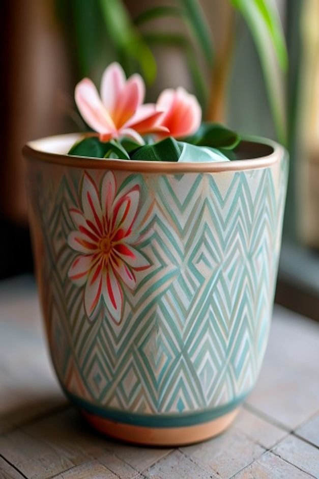Close-up editorial shot of the rim of a flower pot craft The rim is adorned with a delicate painted geometric pattern in