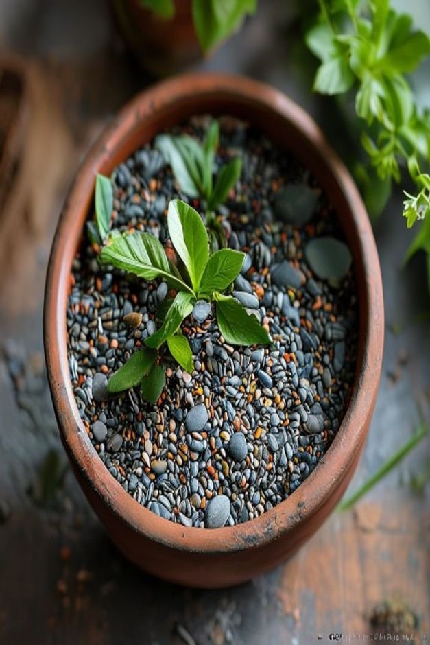 Editorial overhead shot of a flower pot craft where the topsoil is covered with decorative river pebbles and preserved g