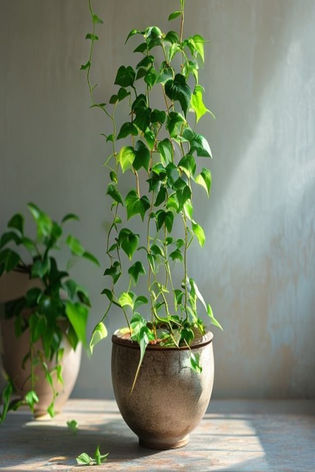Editorial photo showcasing a thoughtfully paired plant and pot A trailing ivy plant cascades gracefully from a beautiful