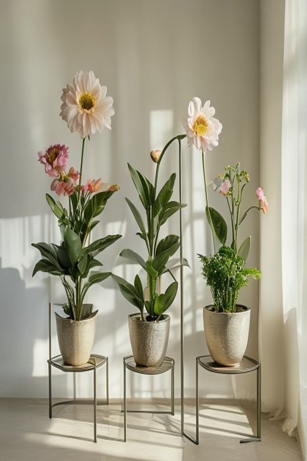 Editorial photo of three flower pot crafts displayed at varying heights on elegant minimalist metal plant stands of diff