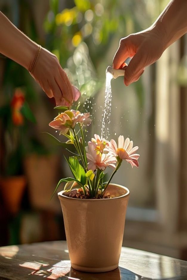 Close-up editorial photo of a hand spraying a clear protective sealant onto a finished flower pot craft The pot has a sl