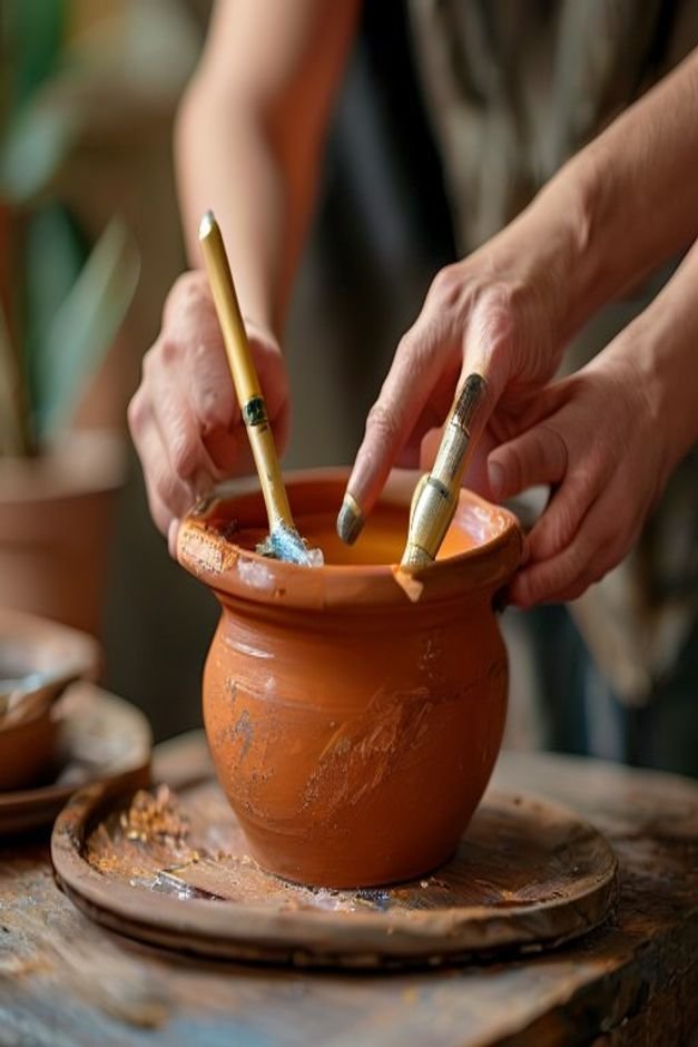A close-up slightly overhead shot of hands gently sanding a terracotta pot with paint brushes and a small can of primer