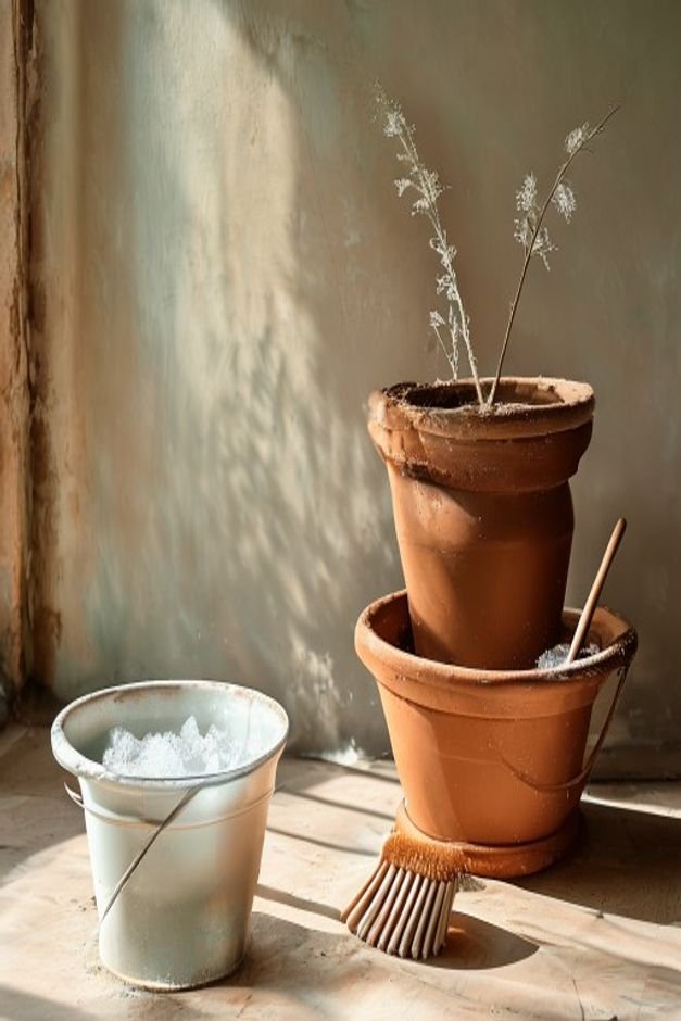 A detailed shot of a clean unpainted terracotta pot next to a bucket of soapy water and a scrubbing brush ready for prep