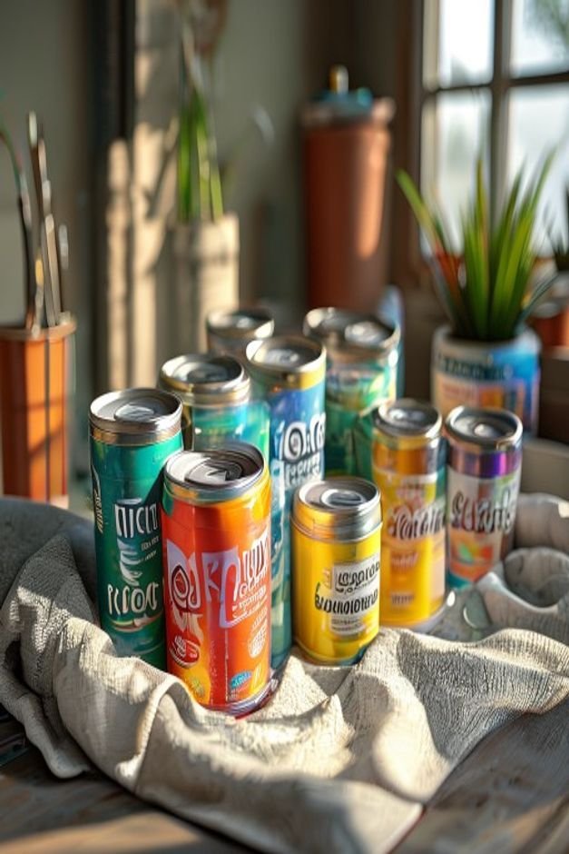 An eye-level shot of various paint cans and tubes labeled for outdoor use arranged neatly on a drop cloth A partially pa