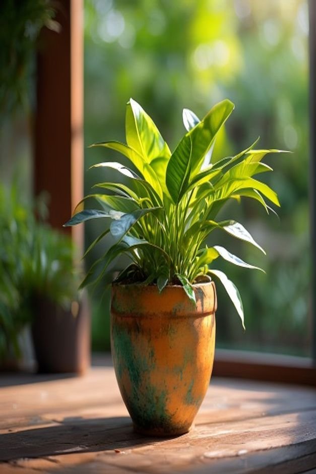 A beautifully styled outdoor vignette featuring a painted pot in a harmonious color with a thriving plant perfectly comp