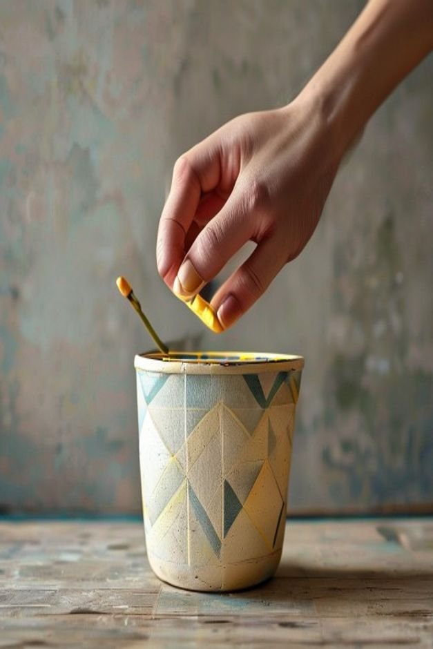 A detailed shot of a hand applying a simple geometric pattern with painter s tape to a partially painted flower pot The