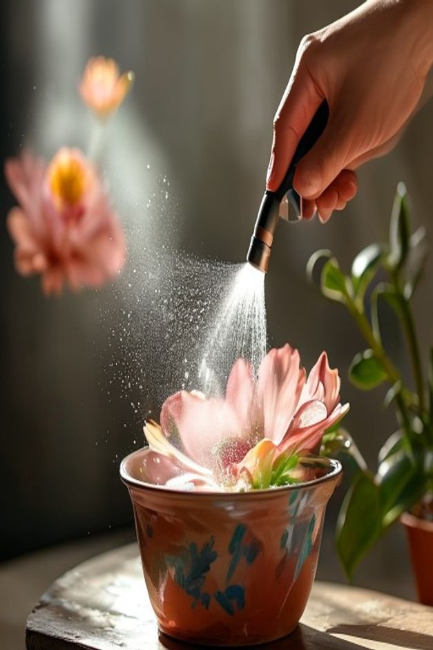 A close-up of a hand spraying a clear protective sealant onto a fully painted and dried flower pot The spray creates a f