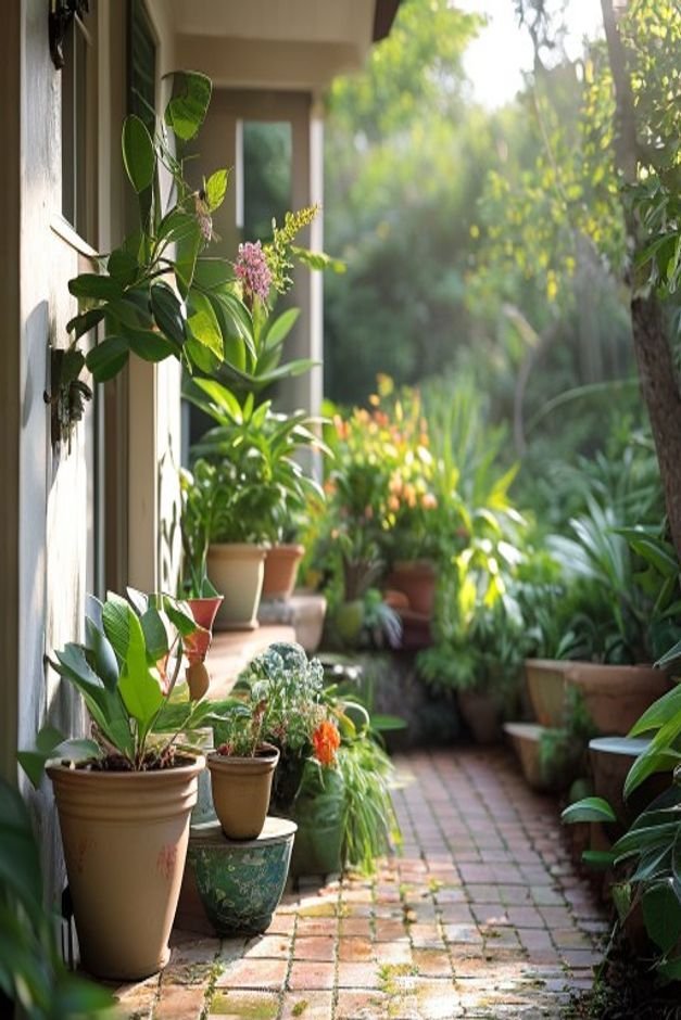 An inviting garden scene showing several artfully painted pots integrated into different areas one on a porch step anoth