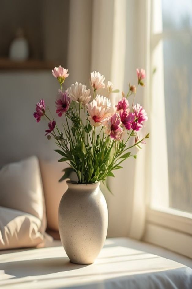 Editorial home photo for Finishing Touches for Lasting Flower Pot Painting, natural light, realistic styling, no text ov