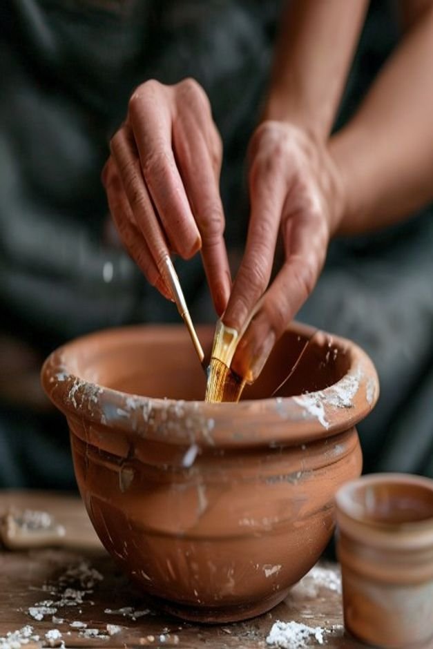 A close-up slightly overhead shot of hands gently sanding a terracotta pot with paint brushes and a small can of primer