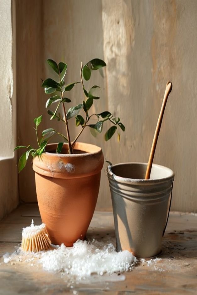 A detailed shot of a clean unpainted terracotta pot next to a bucket of soapy water and a scrubbing brush ready for prep