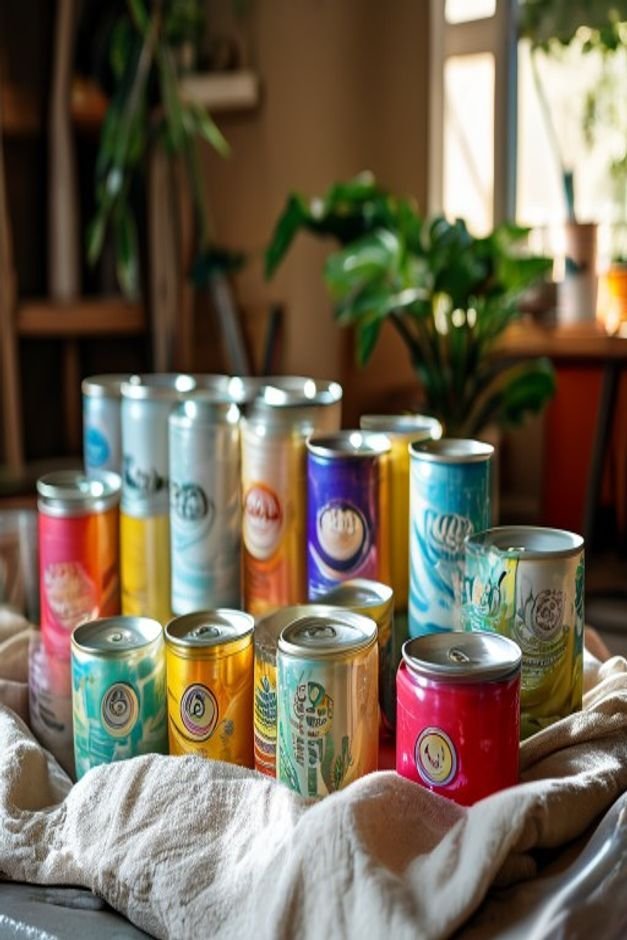 An eye-level shot of various paint cans and tubes labeled for outdoor use arranged neatly on a drop cloth A partially pa
